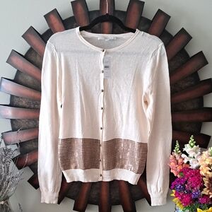 NWT LOFT Cream Cardigan with Brown Sequin Detailing